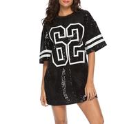 Jigfar Damen-T-Shirt-Kleid mit glitzernden Pailletten, kurzärmelig, lässig, locker, niedlicher Tunika-Bluse, A Schwarz, Groß
