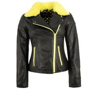 Jilani - Damen Lederjacke Bikerjacke Lammnappa schwarz / gelb : 38