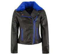 Jilani - Damen Lederjacke Bikerjacke Lammnappa schwarz / royalblau : 38