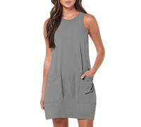 Jingmcdy Sommerkleid Damen Kleid Sommer Einfarbig Freizeit lockere Kleider mit Taschen Lässig Bequeme Basic Ärmellos Kleid Tank Top Kleid Damen Rundhals Vintage Dress