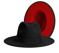 jingsha Klassischer Fedora mit breiter Krempe für Damen und Herren, zweifarbiger Fedora mit Band, Verstellbarer Filz-Panamahut, schwarz/rot, Medium