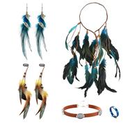 JININOSEU 7 Stück Teiliges Indianer Kopf Schmuck Set, Boho Traumfänger-Ohrringe Leder Choker Halskette, Feder Haarschmuck Clip Indianer Kopfschmuck, Wikinger Accessoires Federschmuck für damen
