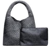 JINMANXUE Damen-Handtasche aus veganem Leder, handgewebt, modische Schultertasche, Top-Griff, Unterarmtasche mit Geldbörse, Jeansschwarz