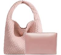 JINMANXUE Damen-Handtasche aus veganem Leder, handgewebt, modische Schultertasche, Top-Griff, Unterarmtasche mit Geldbörse, Pink, Large