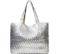 JINMANXUE Gewebte Tragetasche für Damen, groß, für Sommer, Strand, Reisen, Handtasche und Geldbörse, Retro, handgefertigte Schultertaschen, Mercury Silver, Large