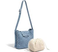 JINMANXUE Gewebte Tragetasche für Damen, Reise-Umhängetasche, groß, hohl, Strand, weiche Satin-Handtaschen, handgewebte Umhängetasche, Clutch (Jeansblau)