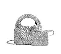 JINMANXUE Modische Mini-Handtasche für Damen, gewebte Tragetasche, Eimer, Verbundtasche, Strickkette, Umhängetasche, Umhängetasche, Alufolie, silberfarben, 1.88 inches x 0.78 inches x 1.55 inches