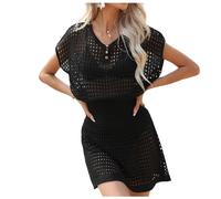 Jinsha Damen-Bikini Cover-Up Pareos-Strandkleider Poncho-Gestrickte - Sommer Beach Swimwear Badeanzug Kurze Dress Sexy Mode Boho Elegant Festival Outfit Bikini & Strandkleider für Damen(Schwarz