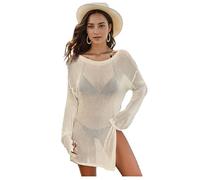 Jinsha Damen Sommer Strandkleider Strickpullover T-Shirt Dress Sexy Beach Bikini Poncho Pareos Cover Up Tunika Mode Kurze Lang Gestrickte Swimwear Badeanzug Boho Elegant Strandkleider für Damen(Beige