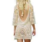 Jinsha Damen Strandkleider-Gestrickte-Spitze Bikini Cover-Up Pareos Kurze Dress Sexy Mode Boho Elegant Festival Outfit Sommer Rückenfrei Beach Swimwear Badeanzug Strandkleider für Damen(Beige)