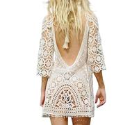 Jinsha Damen Strandkleider-Gestrickte-Spitze Bikini Cover-Up Pareos Kurze Dress Sexy Mode Boho Elegant Festival Outfit Sommer Rückenfrei Beach Swimwear Badeanzug Strandkleider für Damen(Weiß)