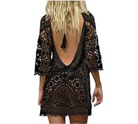 Jinsha Damen Strandkleider-Gestrickte-Spitze Bikini Cover-Up Pareos Kurze Dress Sexy Mode Boho Elegant Festival Outfit Sommer Rückenfrei Beach Swimwear Badeanzug Strandkleider für Damen(Schwarz)