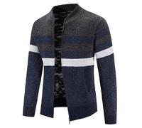 Jinsha Herren-Strickjacke Dicker-Pullover Stehkragen-Cardigan Winter - Warm Fleece-gefüttert Frühling Herbst Mantel Reißverschluss Freizeit Klassisch Business Strickjacke Streifenl(Grey Blue-XL)