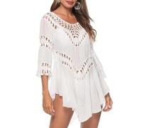 Jinsha Strandkleider Poncho Damen Sommer Pareos Bikini Beach Dress Cover Up Tunika Festival Outfit Sexy Mode Kurze Lang Gestrickte Swimwear Badeanzug Boho Elegant strandkleiderung für Damen(Weiß