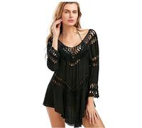 Jinsha Strandkleider Poncho Damen Sommer Pareos Bikini Beach Dress Cover Up Tunika Festival Outfit Sexy Mode Kurze Lang Gestrickte Swimwear Badeanzug Boho Elegant strandkleiderung für Damen(Schwarz