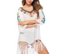 Jinsha Strandkleider Poncho Damen Sommer Pareos Bikini Beach Dress Cover Up Tunika Festival Outfit Sexy Mode Kurze Lang Gestrickte Swimwear Badeanzug Boho Elegant strandkleiderung für Damen(Weiß