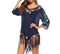 Jinsha Strandkleider Poncho Damen Sommer Pareos Bikini Beach Dress Cover Up Tunika Festival Outfit Sexy Mode Kurze Lang Gestrickte Swimwear Badeanzug Boho Elegant strandkleiderung für Damen(Blau