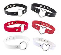 JinYu 6 Stücke Leder Choker Kette Gotik Punk Rock Lederhalsband Halskette Verstellbar mit Kreis Herz für Frauen Zubehör- Schwarz, Weiß, Rot