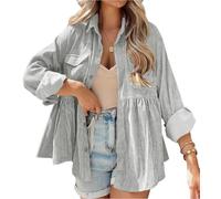 JINZHAO Womens Corduroy Peplum Shirts Tops Cute Long Sleeve Button Down Blouses with Pockets