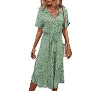 Jiraewh Damen Blumen Sommerkleid Knopf Kurzarm V-Ausschnitt Lose Knielang Kleid High Waist Midi-Hemdkleid Strandkleider Polka Dots Knopfkleid (Grün, S)