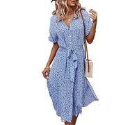 Jiraewh Damen Blumen Sommerkleid Knopf Kurzarm V-Ausschnitt Lose Knielang Kleid High Waist Midi-Hemdkleid Strandkleider Polka Dots Knopfkleid Langarmkleid (3038-Blau XL
