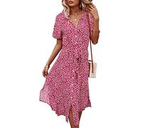 Jiraewh Damen Blumen Sommerkleid Knopf Kurzarm V-Ausschnitt Lose Knielang Kleid High Waist Midi-Hemdkleid Strandkleider Polka Dots Knopfkleid (Rot, L)