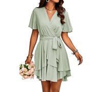 Jiraewh Damen Chiffon Kurz Kleid V-Ausschnitt Kurzarm Sommerkleid Polka-Punkte Elegant Rüschen Minikleid Casual Swing Skater Kleid Hohe Taille Partykleid Wickelkleid mit Gürtel （5086-LB L