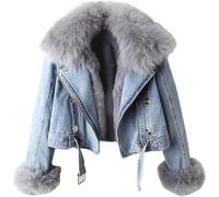 JITASHWA Damen-Jeansjacke mit Pelz, warmer Pelzkragen, Kunstpelz gefüttert, Denim-Jacke, dick, zottelig, Winter, abnehmbar, bauchfreier Mantel, trendige Damen-Outwear, hellblau, S