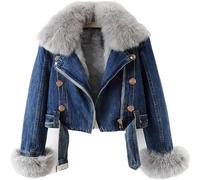 JITASHWA Damen-Jeansjacke mit Pelz, warmer Pelzkragen, Kunstpelz gefüttert, Denim-Jacke, dick, zottelig, Winter, abnehmbar, bauchfreier Mantel, trendige Damen-Outwear, dunkelblau, L