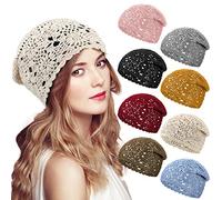 Jiuguva 8 Stück gehäkelte Slouchy Beanie Mütze, handgefertigt, gestrickt, Blumenmuster, Totenkopfkappe, atmungsaktiv und leicht, dehnbar, gestrickt, Sommer-Baumwollmütze für Damen, Klassische Farben,
