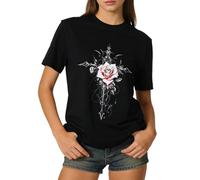 JJDreams Vintage Edgy Y2K Backprint Streetwear Punk Skull T-Shirt T-Shirts Rundhals-T-Shirt mit Rosenmuster für Straßenauftritte Schwarz