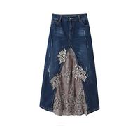 JJDSL Jeansrock Für Damen - Denim Und Spitze Patchwork Hohe Taille Lange Plus Size Denim Röcke, Mode Elegante Knöpfe Taschen Frauen A-Linie Bleistift Rock, Für Lässige Und Formelle Veranstaltungen, B