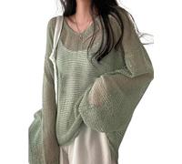 JJyaOX Damen Ripped Cut Out Löcher Langarm Goth Punk Mesh Strick Cover Up Schräge Schulter Asymmetrischer Saum T-Shirt Top, 2-grün, Einheitsgröße