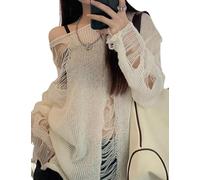 JJyaOX Damen Ripped Cut Out Löcher Langarm Goth Punk Mesh Strick Cover Up Schräge Schulter Asymmetrischer Saum T-Shirt Top, 1-beige, One size