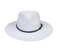 JK Home Fedora-Hut mit breiter Krempe, aus Wollfilz, Panama-Kappe, Einheitsgröße, Unisex, Damen und Herren, schwarzes geflochtenes Lederband, White Braided Leather, Einheitsgröße