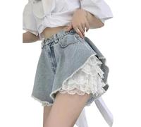 JKJHJF Shorts Damen Sommer -Denim -Shorts Frauen Spitzen Zwei Stück Hoch Taille Jeans Modische Streetwear Chic Wide Legs Short Hosen-a-s