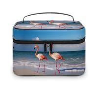 JKLQWH Make-up-Tasche, Motiv: Flamingo am Strand, bedruckt, großes Fassungsvermögen, Reise-Make-up-Tasche für Kosmetik, vertikale Aufbewahrung, wasserabweisend, Leder, Kulturbeutel, Hautpflege,