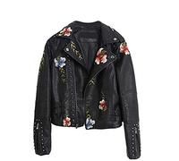 JLDP Blumige Lederjacke, Klassische Bikerjacke, Florale bestickte Kunstleder-Moto-Jacke für Damen, schmal geschnittene Biker-Kurzjacke mit Reißverschluss (Black, M)