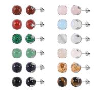 JMFENFA 12 Paar Multi natürlichen Edelstein Runde Perle Kugel Ohrstecker Gold plattiert Edelstahl Tigerauge Rosenquarz Onyx Opal Stein Ohrstecker Set für Frauen (Silver 6mm)