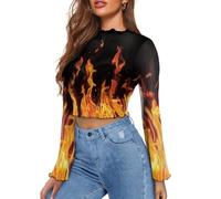Jndtueit 70er Jahre Damen-Oberteil mit Glockenärmeln, Blumenmuster, Stehkragen, ausgestelltes Oberteil, durchscheinendes Netzgewebe, langärmelig, Rüschenhemden, fire, Mittel