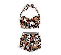 Jndtueit Butterfly Damen Retro Rüschen Hohe Taille Bikini Set Flagge Tankini Badeanzüge Bauchweg Bademode, Gothic-Totenkopf-Blum, XL