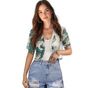 Jndtueit Damen Strickjacke mit Libellen-Druck, kurze Ärmel, vorne offen, Bolero, Shrug Cardigans für Kleider, Libellen-grüne Boho-Blume, 42