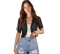 Jndtueit Damen Strickjacke mit Libellen-Druck, kurze Ärmel, vorne offen, Bolero, Shrug Cardigans für Kleider, Schwarze Libelle, XL