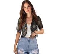 Jndtueit Damen Strickjacke mit Libellen-Druck, kurze Ärmel, vorne offen, Bolero, Shrug Cardigans für Kleider, Boho Libelle Floral Schwarz, M