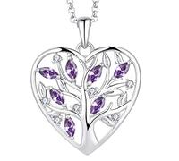 JO WISDOM Halskette Herz Baum Des Lebens,Kette Anhaenger Silber 925 Lebensbaum Familie Anhänger Halskette mit 3A Zirconia Februar Geburtsstein Amethyst Farbe,Schmuck für Frauen