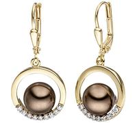 Jobo Damen-Ohrringe hängend aus 8 Karat 333 Gold mit braunen synthetischen Perlen und 18 Zirkonia