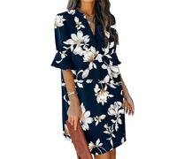 JOCAFIYE Women's Summer Casual Sundress Dress Ruffle Sleeves Dresses Simple Mini Dress V-Neck Shift Dress Blue Flower L