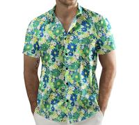 JOGAL Herren Blumen Kurzarm Baumwolle Hawaii Hemd Strand Sommer Freizeithemd Blau Grün Gänseblümchen Mittel