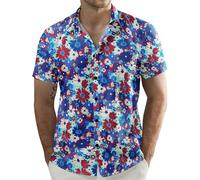 JOGAL Herren Blumen Kurzarm Baumwolle Hawaii Hemd Strand Sommer Freizeithemd Blau Rot Gänseblümchen X-Large