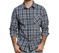 JOGAL Herren Kariertes Hemd Langarm Regular Fit Trachtenhemd Button Down Baumwolle Freizeithemd mit Tasche Marine XX-Large